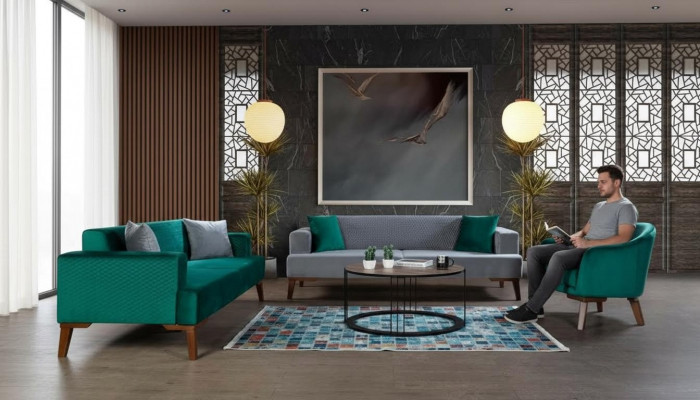 Sofagarnitur 3+3+1 Sëtzer Designer Wunnlandschaft Gro Turkis Gréng