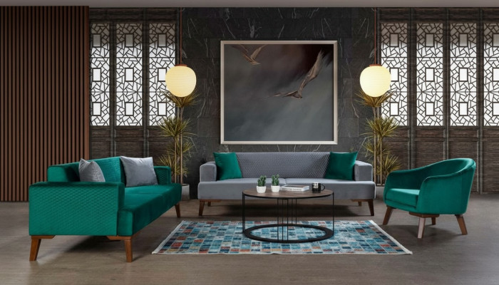 Sofagarnitur 3+3+1 Sëtzer Designer Wunnlandschaft Gro Turkis Gréng