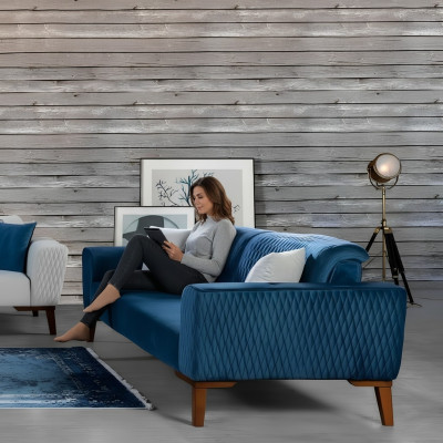 Blo Couch Dräisëtzer Sofa Elegant Sëtzmiwwel Wunnzëmmer Samt