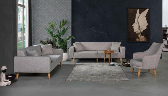 Sofa Canapé Polster Sëtz 3+3+1 Sëtz Garnitur Design Holz Sofas Beige Sëtzpolster