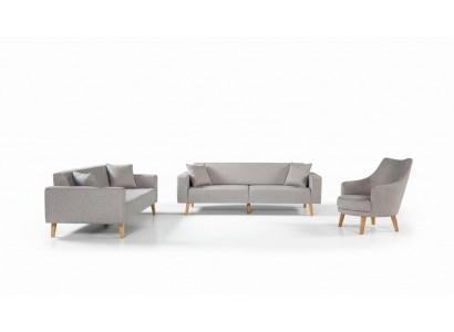 Sofa Canapé Polster Sëtz 3+3+1 Sëtz Garnitur Design Holz Sofas Beige Sëtzpolster