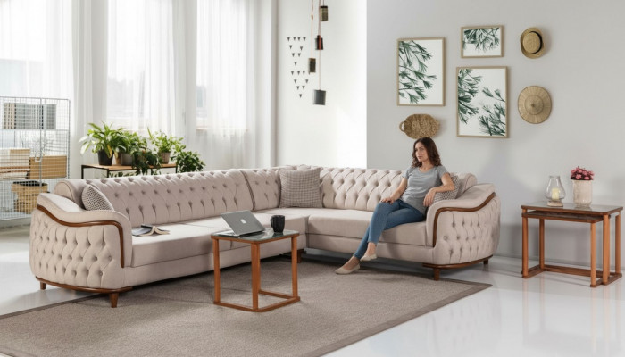 Ecksofa Wunnlandschaft Chesterfield Canapé Polstersofa Couchen Miwwelen