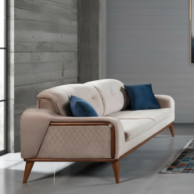 Beige Canapé Wunnzëmmer Dräisëtzer Sëtzkëssen Sofa Miwwelen Samett Holz