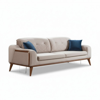 Beige Canapé Wunnzëmmer Dräisëtzer Sëtzkëssen Sofa Miwwelen Samett Holz