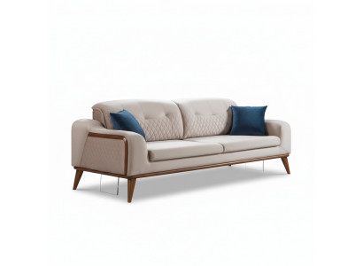 Beige Canapé Wunnzëmmer Dräisëtzer Sëtzkëssen Sofa Miwwelen Samett Holz