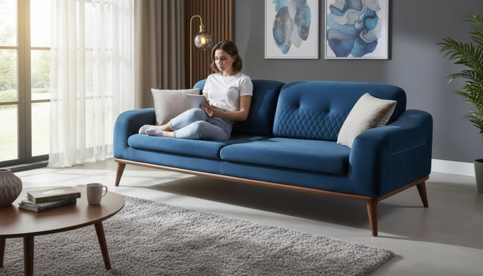 Blo Couch Dräisëtzer Sofa Wunnzëmmer Sëtzpolster Miwwelen Samt Holz