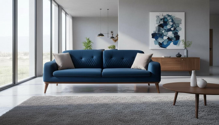 Blo Couch Dräisëtzer Sofa Wunnzëmmer Sëtzpolster Miwwelen Samt Holz