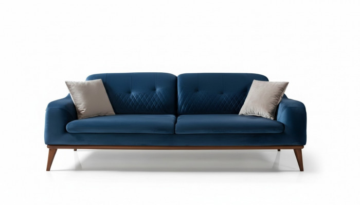 Blo Couch Dräisëtzer Sofa Wunnzëmmer Sëtzpolster Miwwelen Samt Holz