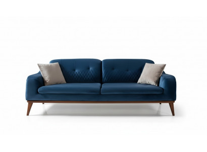 Blo Couch Dräisëtzer Sofa Wunnzëmmer Sëtzpolster Miwwelen Samt Holz