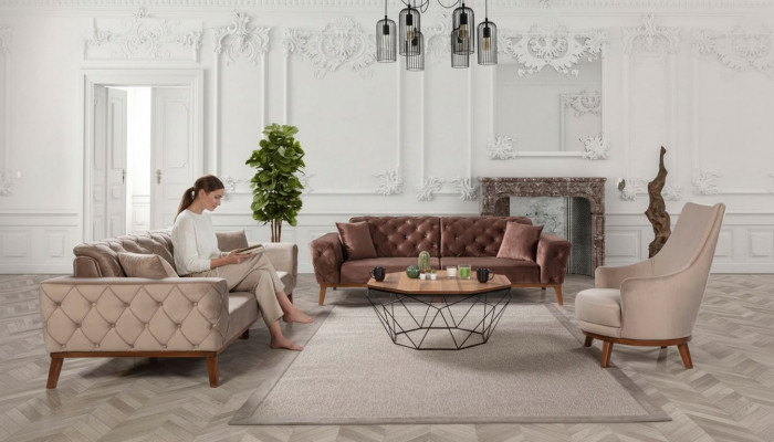Sofa-Set Sofa 3+3+1 Sëtz Brong Fotell Stoff Chesterfield Samett.