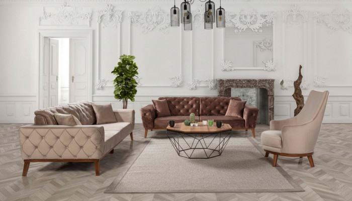 Sofa-Set Sofa 3+3+1 Sëtz Brong Fotell Stoff Chesterfield Samett.