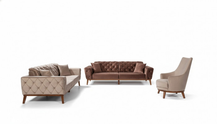 Sofa-Set Sofa 3+3+1 Sëtz Brong Fotell Stoff Chesterfield Samett.