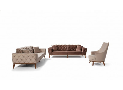 Sofa-Set Sofa 3+3+1 Sëtz Brong Fotell Stoff Chesterfield Samett.