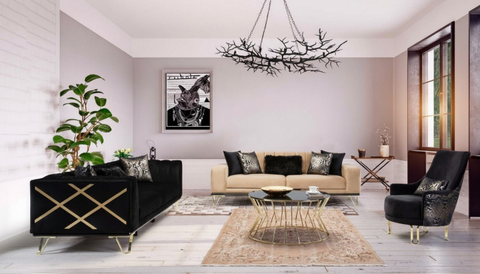 Sofasëtzt Schwaarz Sofa 3+3+1 Sëtzgeleeënheeten Eleganter Metall Samt.