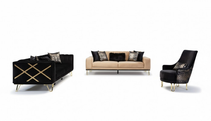 Sofasëtzt Schwaarz Sofa 3+3+1 Sëtzgeleeënheeten Eleganter Metall Samt.