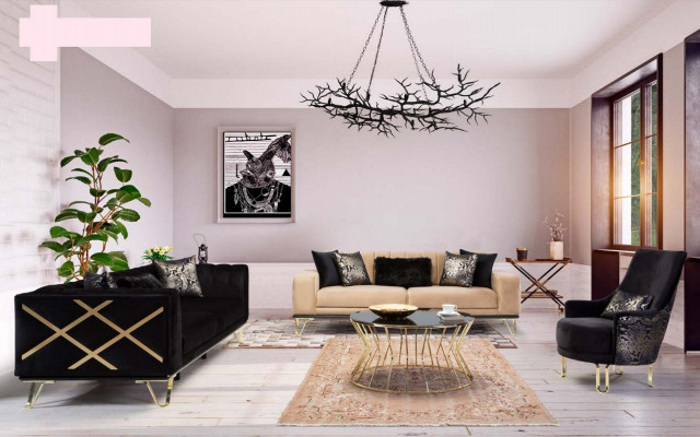 Modern Canapé 3-Sëtz Wunnzëmmer Couch Design Miwwelen Metall Beige Polsterung