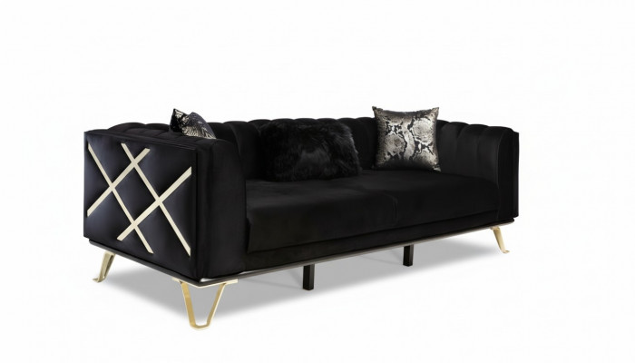 Luxus Canapé 3-Sëtz Couche Tresseitger Stoff Miwwel Schwaarz Samett.