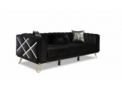 Luxus Canapé 3-Sëtz Couche Tresseitger Stoff Miwwel Schwaarz Samett.