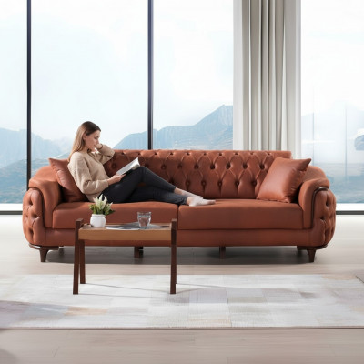 Orange Chesterfield Canapé Dräisëtzer Sofa Miwwelen Samt Holz Sitzpolster