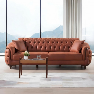 Orange Chesterfield Canapé Dräisëtzer Sofa Miwwelen Samt Holz Sitzpolster