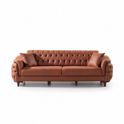 Orange Chesterfield Canapé Dräisëtzer Sofa Miwwelen Samt Holz Sitzpolster