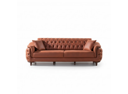 Orange Chesterfield Canapé Dräisëtzer Sofa Miwwelen Samt Holz Sitzpolster