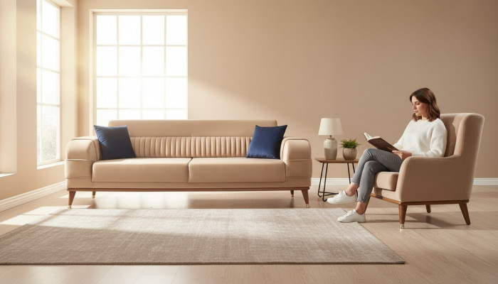 Modern Dräi-Sëtzer Sofa Faarf Beige Sofa Wunnzëmmer Design Stil Holz