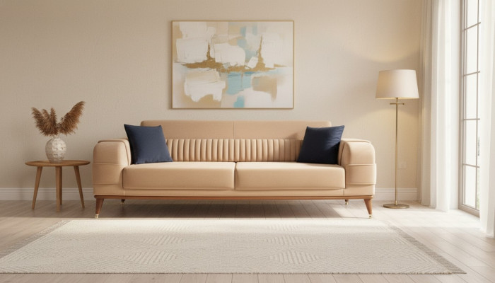 Modern Dräi-Sëtzer Sofa Faarf Beige Sofa Wunnzëmmer Design Stil Holz