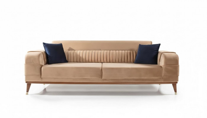 Modern Dräi-Sëtzer Sofa Faarf Beige Sofa Wunnzëmmer Design Stil Holz