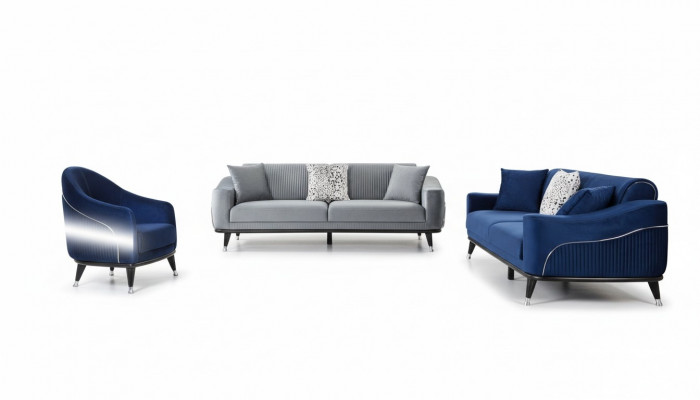 Sofa Garnitur 3+3+1 Sëtz Sofen Polster Couchen Holz gro blo Samett