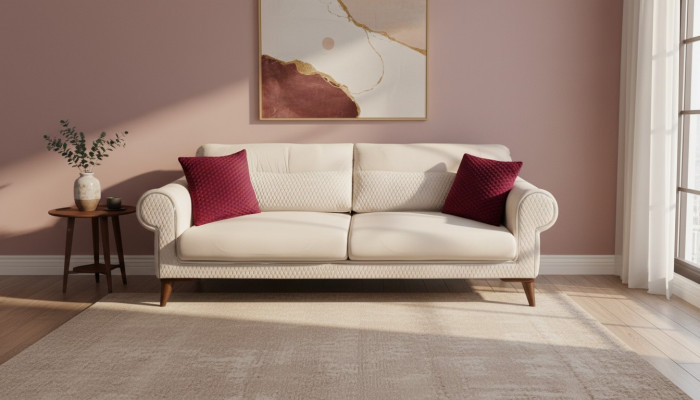 Dräisëtzer Sofa 3 Sëtzer Stoff beige Couch Sofa grouss Këssen Holz Designer nei
