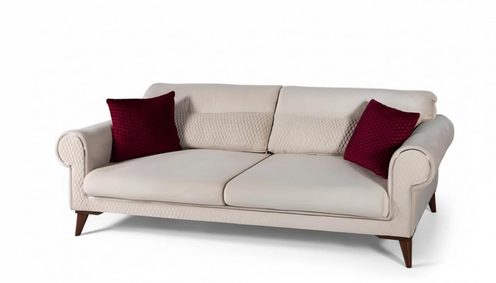 Dräisëtzer Sofa 3 Sëtzer Stoff beige Couch Sofa grouss Këssen Holz Designer nei