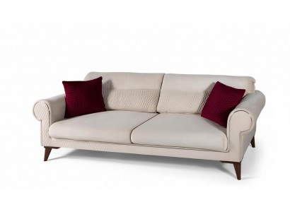 Dräisëtzer Sofa 3 Sëtzer Stoff beige Couch Sofa grouss Këssen Holz Designer nei
