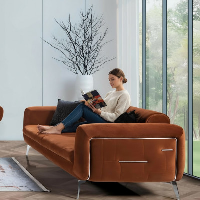 Orange Design Canapé Sofa Samt Dräisëtzer Luxus Miwwelen Stoff Textil