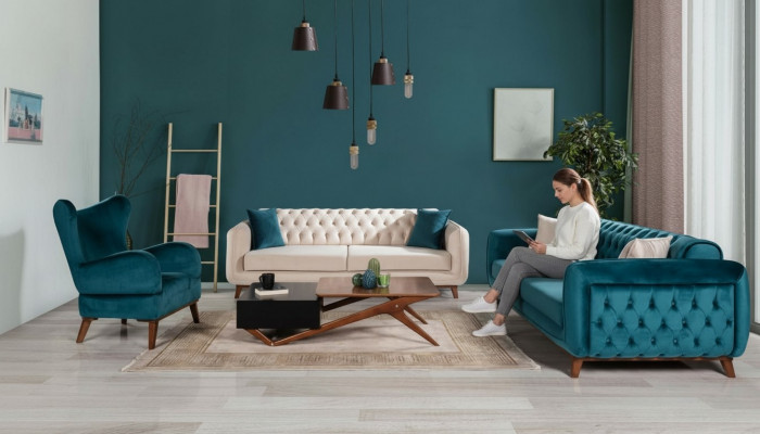 Divan Set 3+3+1 Polster Couch Stoff Wunnzëmmer Chesterfield 3tlg