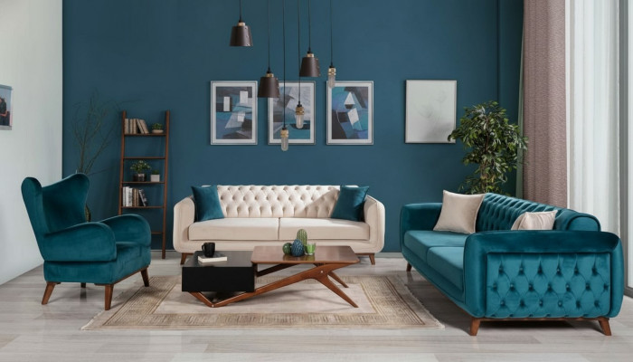Divan Set 3+3+1 Polster Couch Stoff Wunnzëmmer Chesterfield 3tlg