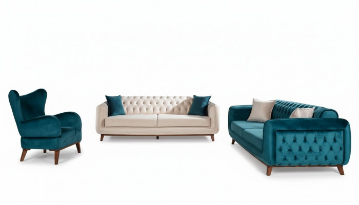 Divan Set 3+3+1 Polster Couch Stoff Wunnzëmmer Chesterfield 3tlg