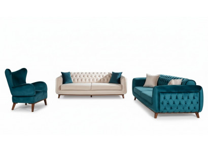 Divan Set 3+3+1 Polster Couch Stoff Wunnzëmmer Chesterfield 3tlg