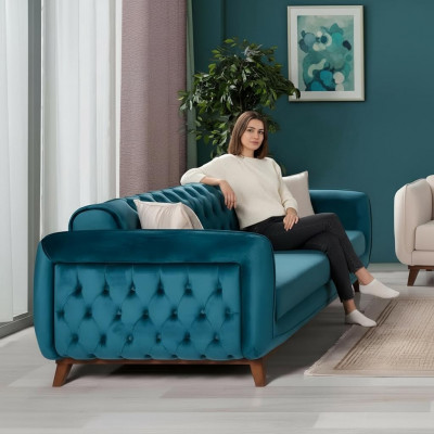 Design Canapé 3 Sëtzer Sofa Drësëtzer Polster Stoff Turkis Sëtzpolster