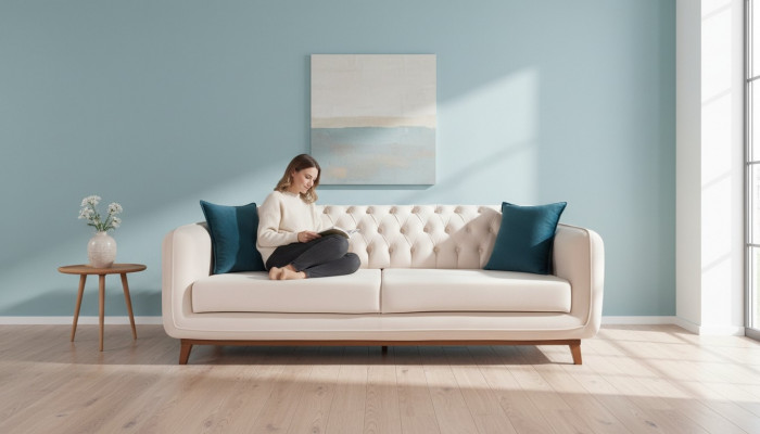 Dresëtzeger Sofa Gepolstert Couch Stoff Miwwelen Beige wäiss Samt