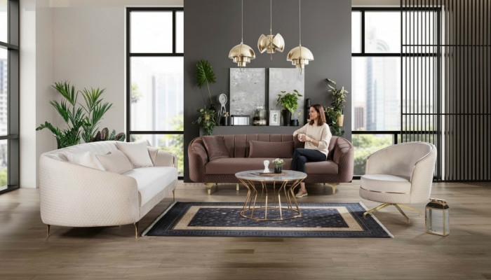 Luxus Wäissraum Couch Sëtzgrupp Braun Beige Set 3+3+1 Sëtzgruppen