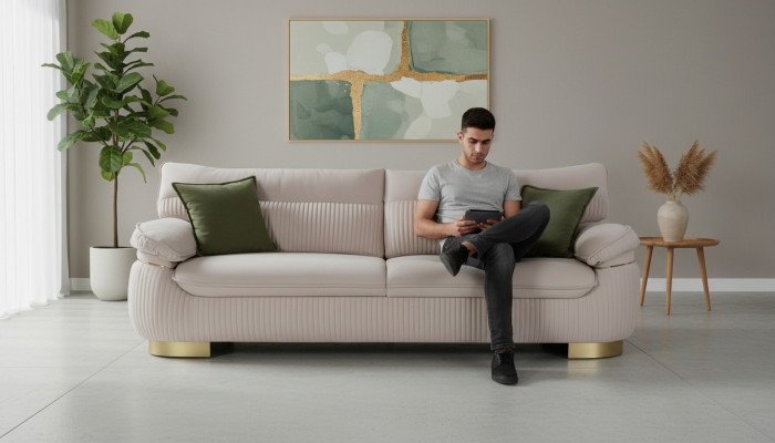 Dräisëtzer Sofa 3 Sëtz Sofa Couche Stoff Couch Miwwelen Modern Samt Mëll Beige