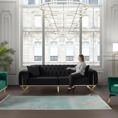 Schwaarz Chesterfield Canapé Drësëtzer Sëtzpolster Sofa Samt Holz