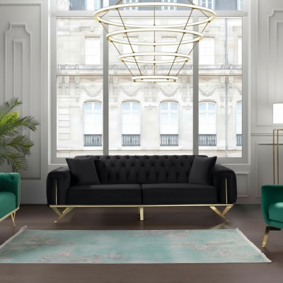Schwaarz Chesterfield Canapé Drësëtzer Sëtzpolster Sofa Samt Holz