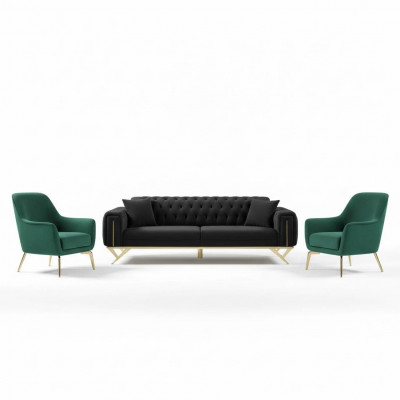 Schwaarz Chesterfield Canapé Drësëtzer Sëtzpolster Sofa Samt Holz