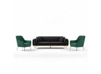 Schwaarz Chesterfield Canapé Drësëtzer Sëtzpolster Sofa Samt Holz