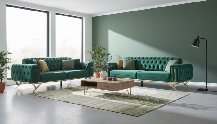 Gréng Chesterfield Canapé Dräisëtzer Setzpolster Sofa Miwwel Samt Holz