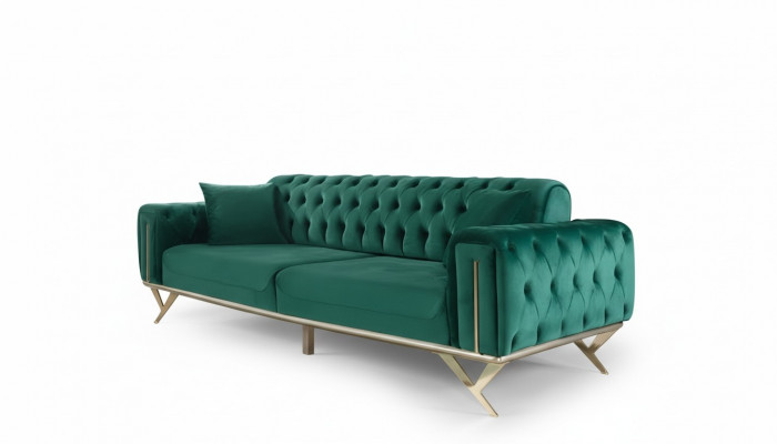 Gréng Chesterfield Canapé Dräisëtzer Setzpolster Sofa Miwwel Samt Holz