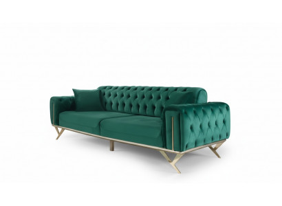 Gréng Chesterfield Canapé Dräisëtzer Setzpolster Sofa Miwwel Samt Holz
