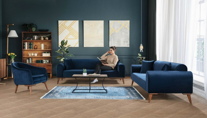 Sofagarnitur 3+3+1 Sëtzer Sofa Fauteuil Royal Blo Couch Samett 3tlg